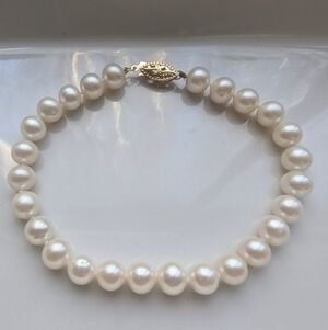 14K Yellow Gold Filigree Genuine Natural White Pearl Bracelet 7.75" Length 🦋